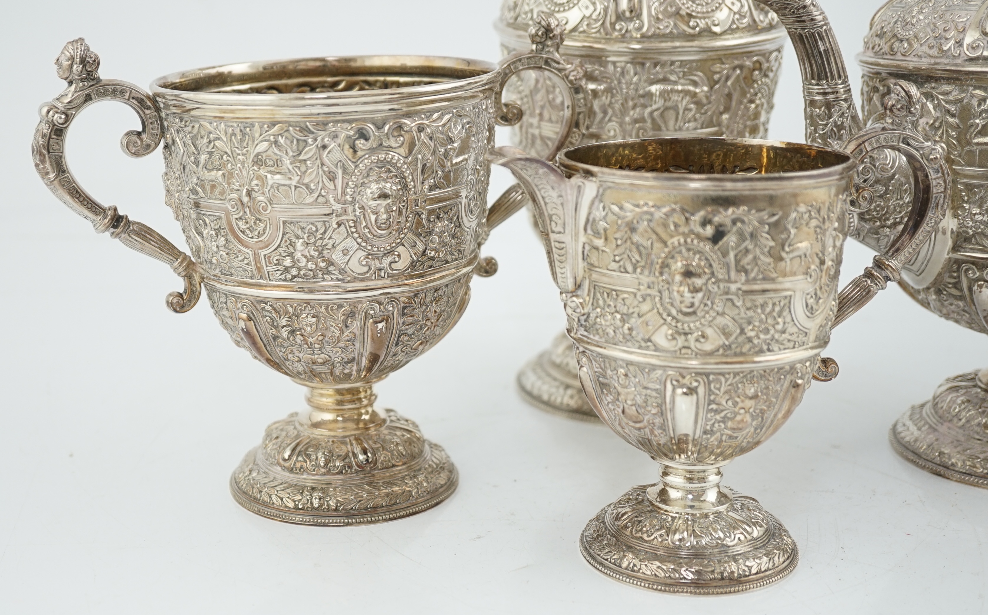 A late Victorian silver pedestal four piece tea set, by David & George Edwards, CITES submission reference: 8YT8PAE4